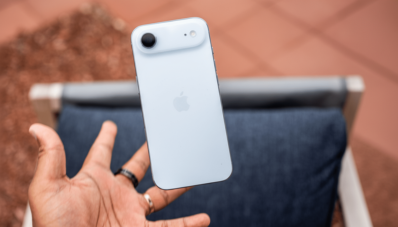 A hand holding a white iPhone 15, showcasing the back of the phone with its single camera and Apple logo .