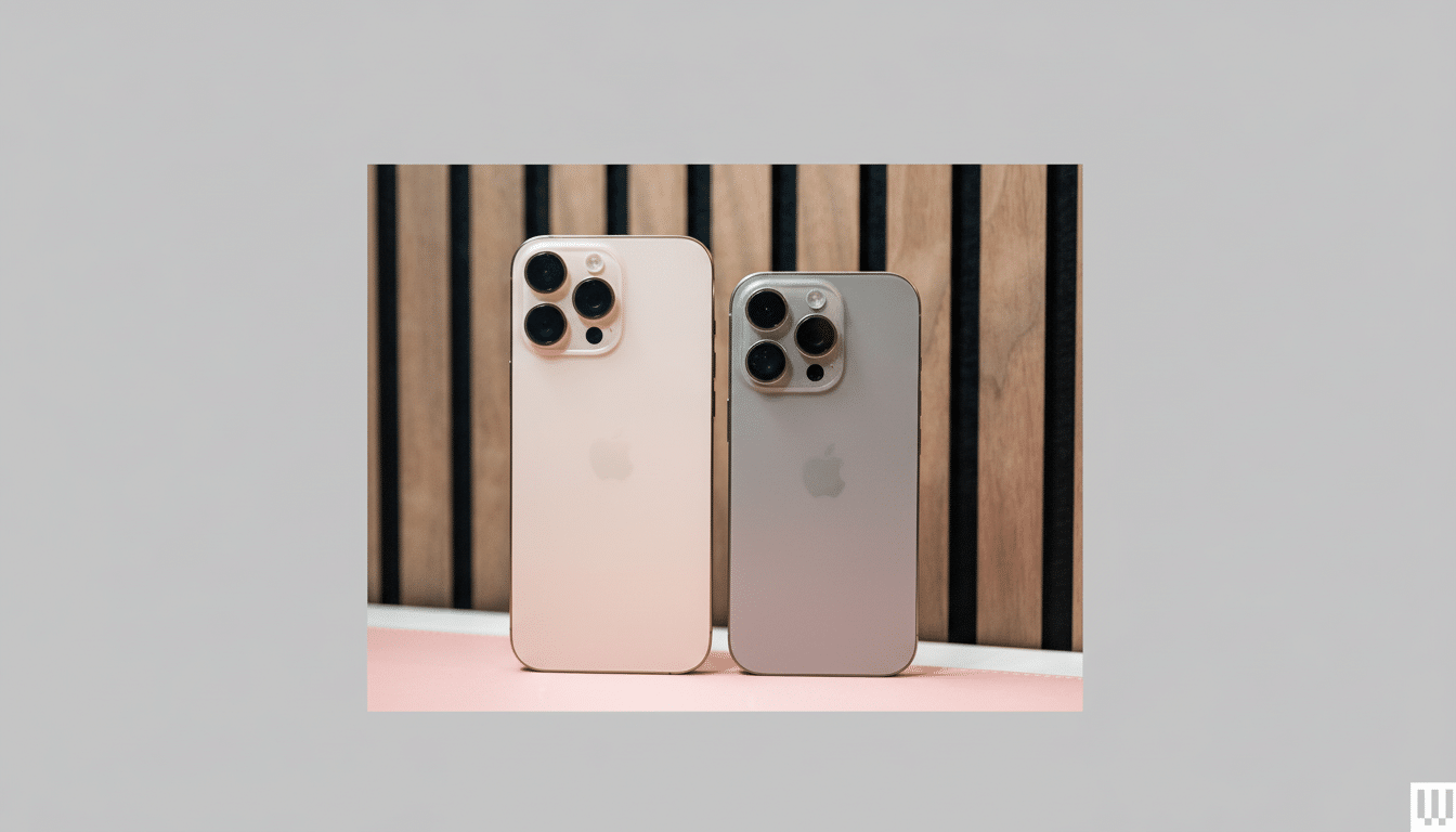 Two iPhones, one gold and one silver, are shown from the back, displaying their camera arrays and Apple logos. They are positioned against a verticall