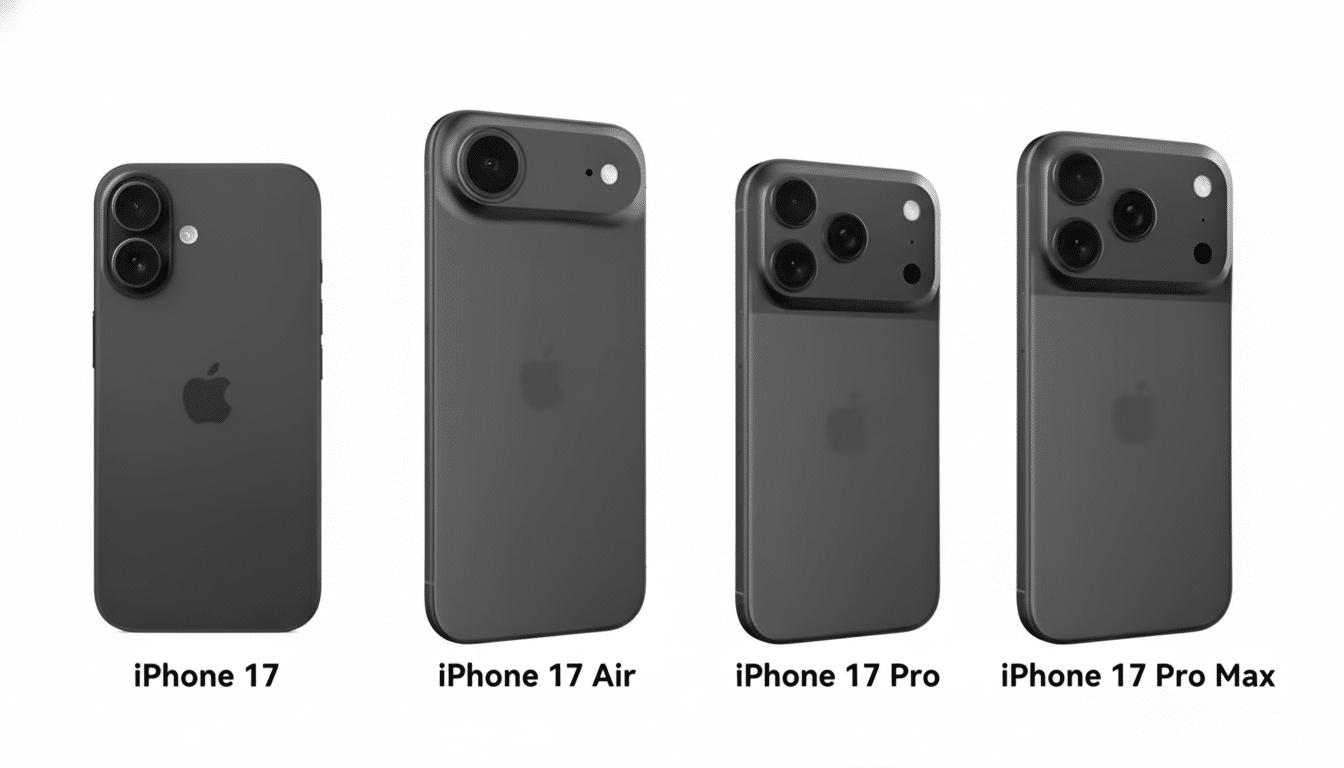 Four dark gray iPhones are shown from the back, each with a different camera configuration . From left to right, they are labeled iPhone 1 7, iPhone 17 Air , iPhone 17 Pro, and iPhone 17 Pro Max .