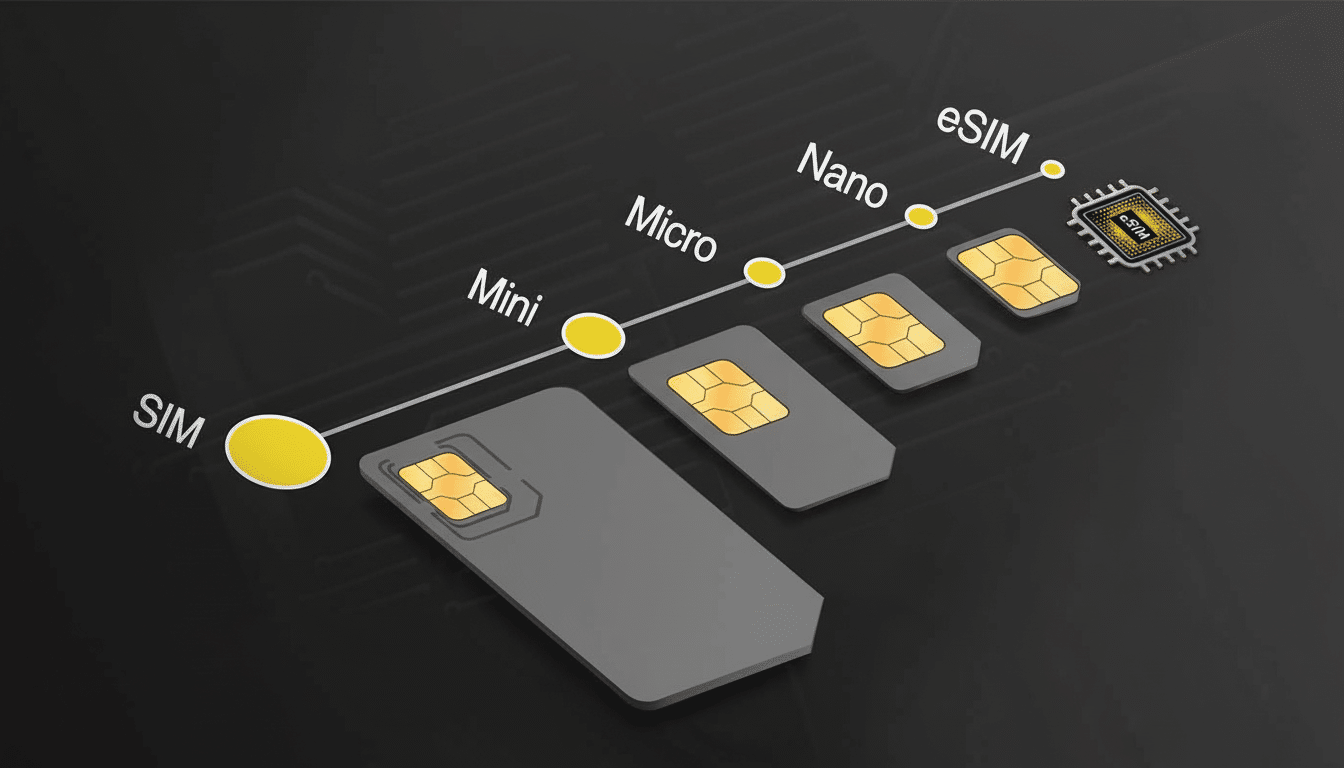An image displaying the evolution of SIM card sizes, from the large SIM to Mini, Micro, Nano, and finally, the tiny eSIM chip.