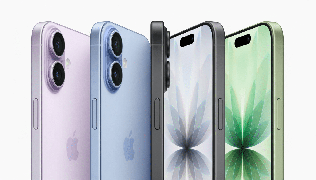 A professional image of four iPhones in different colors (purple, blue, dark grey, and green ) arranged closely together against a clean white backgro