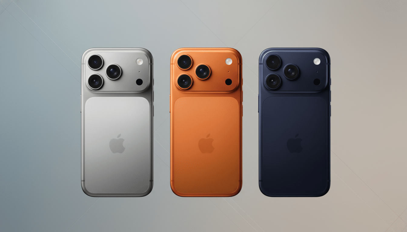 Three smartphones in silver, orange, and blue, with prominent camera arrays, presented professionally against a subtle gradient background. Filename : three smart phonesprofessional . png