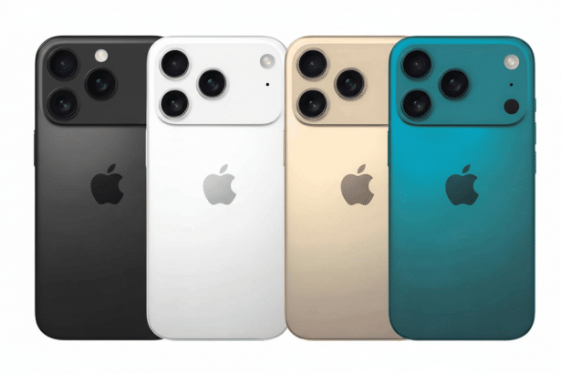 Four smartphones, resembling iPhones, displayed in a row from left to right in black, white, gold, and teal colors. All phones have triple camera syst