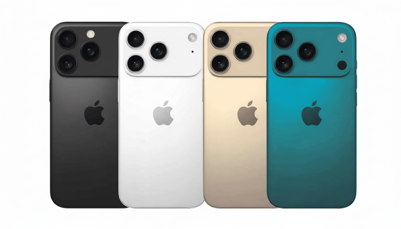 Four smartphones, resembling iPhones, displayed in a row from left to right in black, white, gold, and teal colors. All phones have triple camera syst