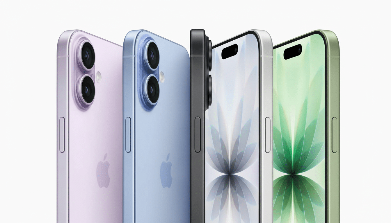 Four iPhone devices in different colors ( lav ender, blue, black, and green ) are displayed side-by- side against a clean white background.