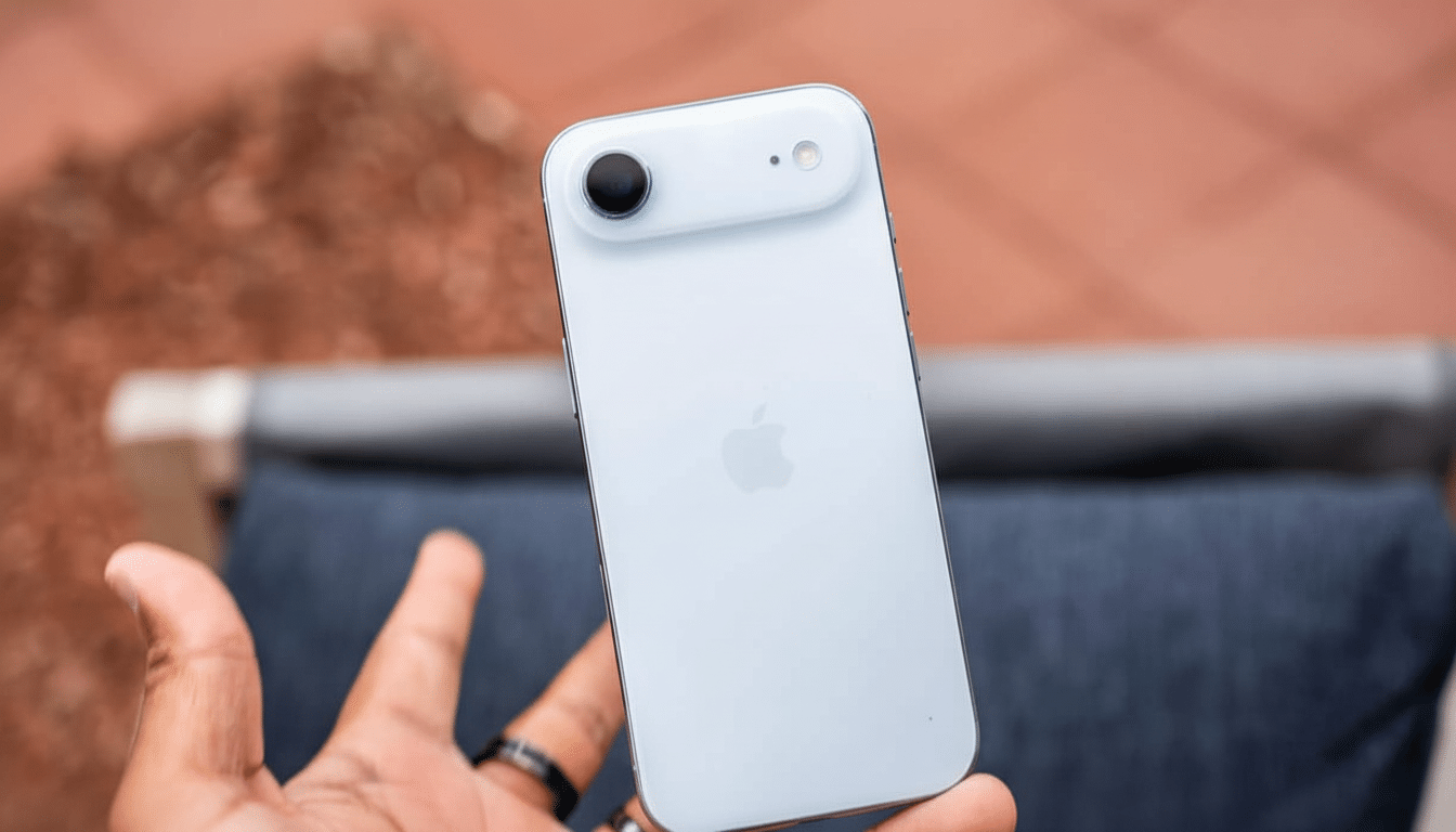 An off -white smartphone with a black camera lens and a small white sensor is held in a person s ha