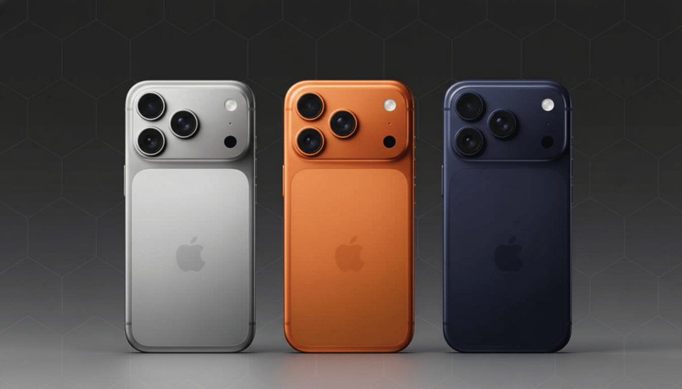 Three iPhone 15 Pro models in silver, orange, and blue with a triple camera setup, arranged on a dark gray background with a subtle honeycomb pattern.