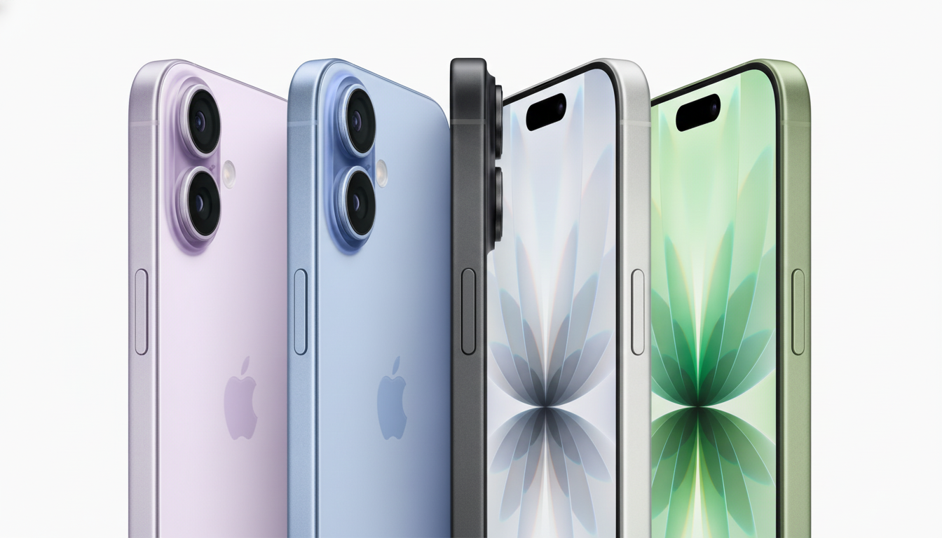 Four iPhones in different colors (purple, blue, black, and green) are displayed side-by-side against a white background.