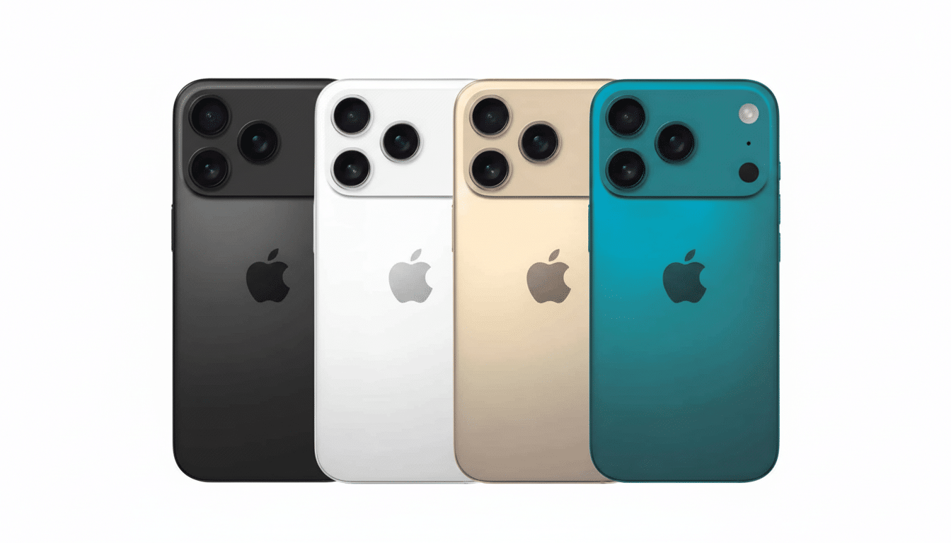 Four iPhones in black, white, gold, and teal, showcasing their back designs with triple cameras and Apple logos, presented on a white background.