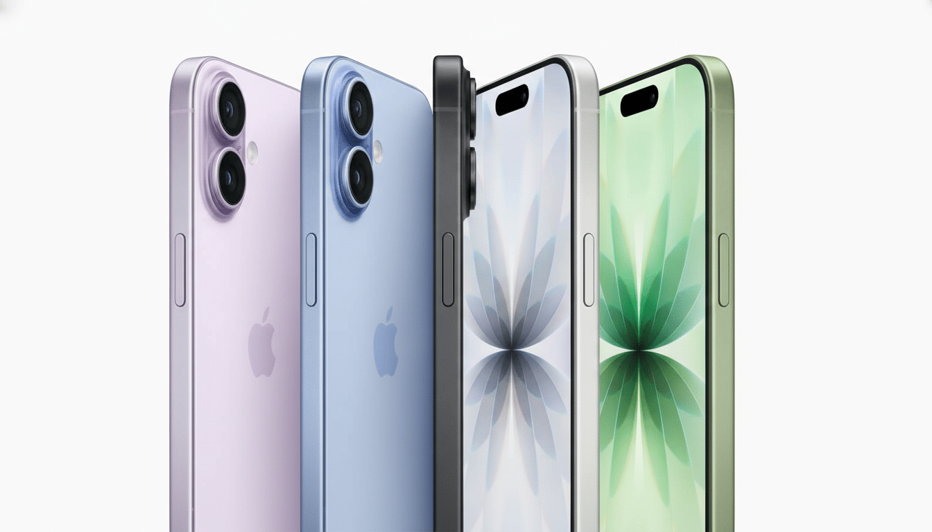 Four iPhones in various colors ( purple, blue, black, and green ) are displayed closely together on a white background, showcasing their side profiles