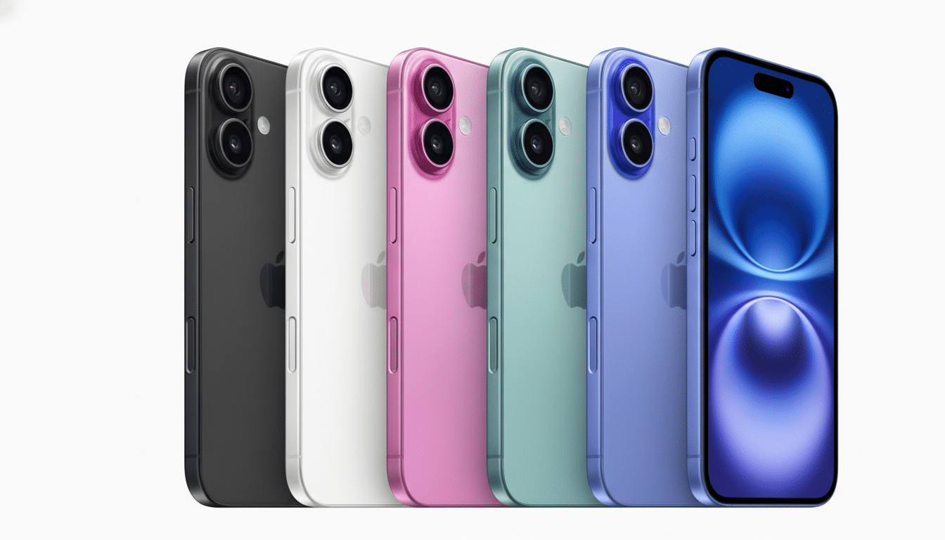 Five iPhones in black, white, pink, green, and blue, with an additional blue iPhone visible from the front with a blue wallpaper.