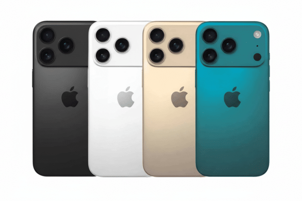 Four iPhones in black, white, gold, and teal, arranged in a row with a subtle professional background.