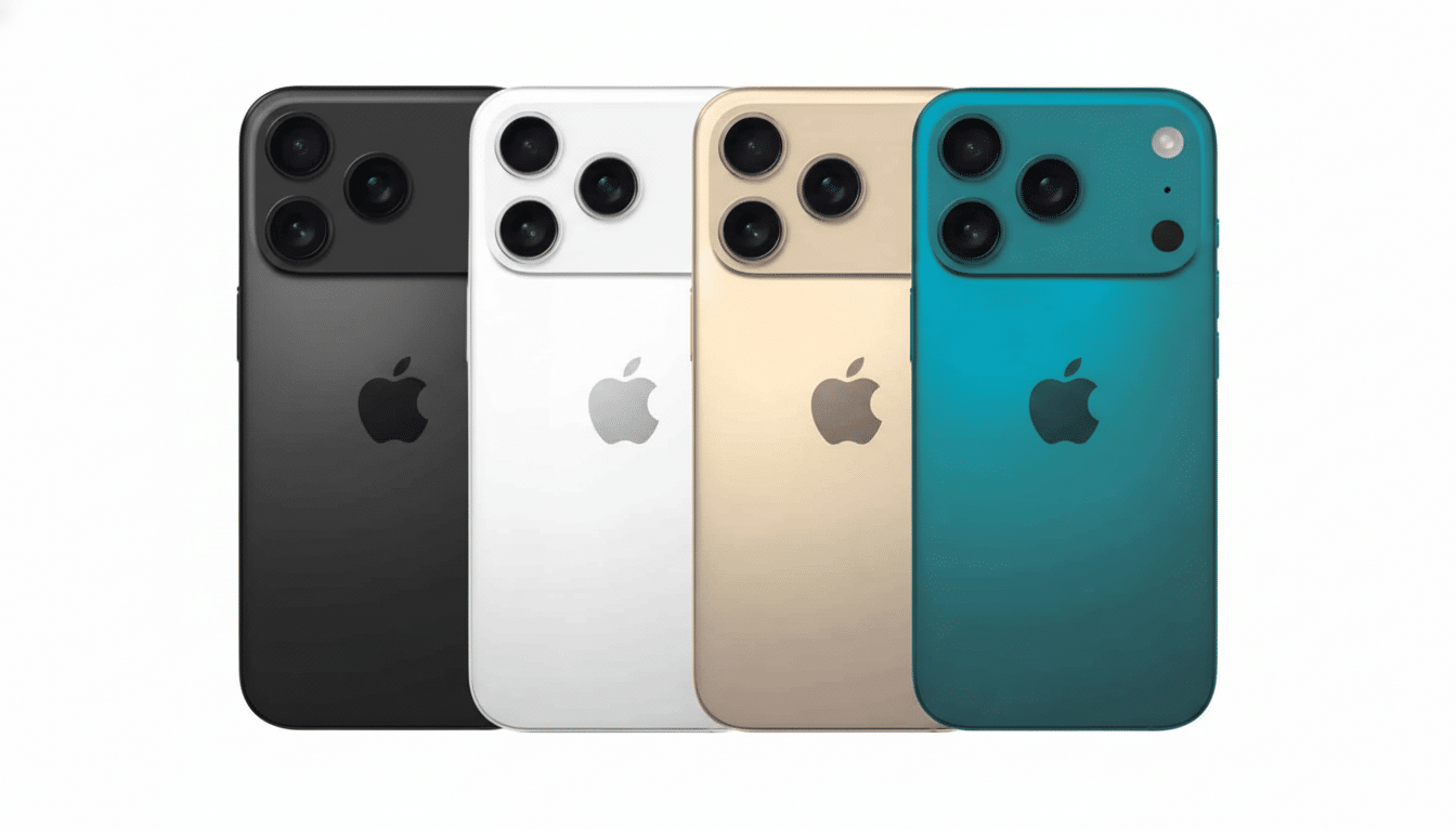 Four iPhones in black, white, gold, and teal, arranged in a row with a subtle professional background.