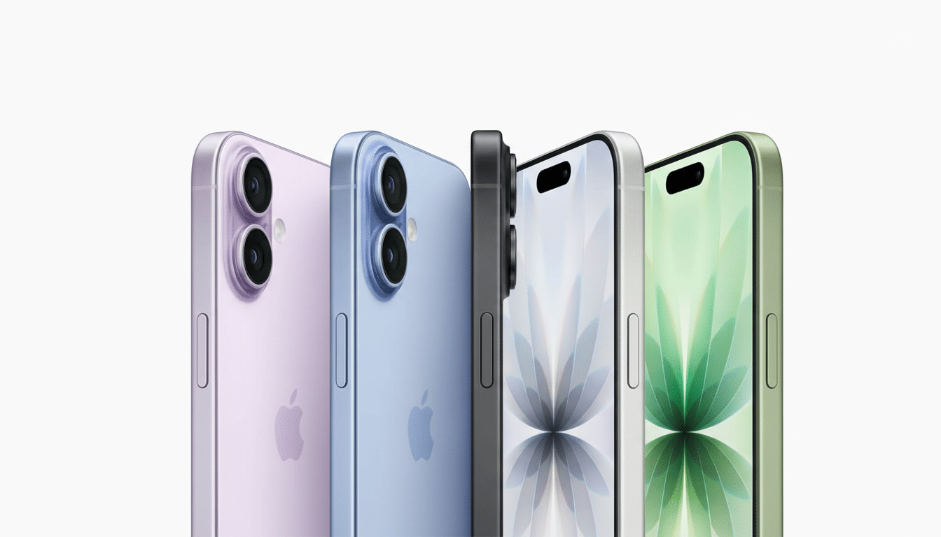 Four iPhones in different colors ( lav ender, blue, black, and green ) are lined up, slightly angled, against a white background. The screens show a f