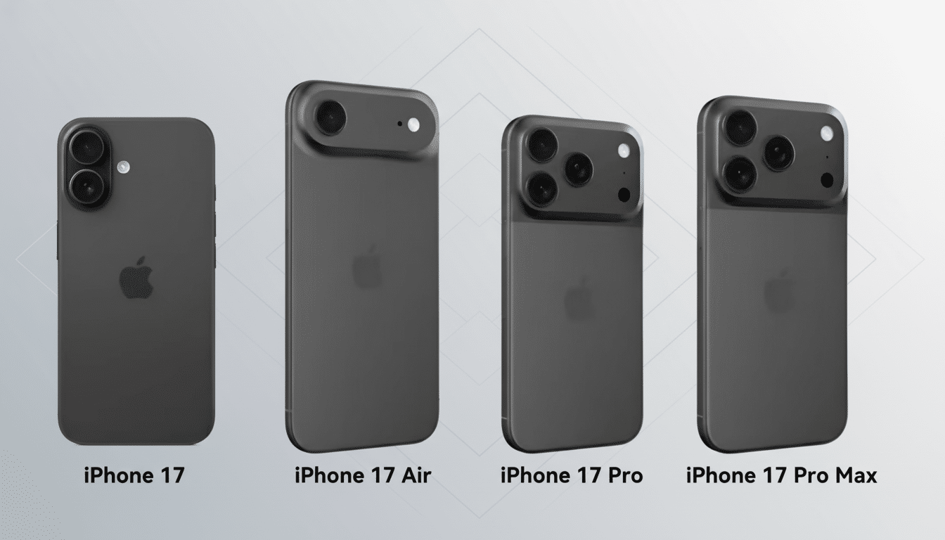 Four dark gray iPhones, labeled iPhone 17 , iPhone 1 7 Air, iPhone 17 Pro , and iPhone 17 Pro Max , displayed against a light gray background with a subtle geometric pattern. Filename : iphone1 7line up. png