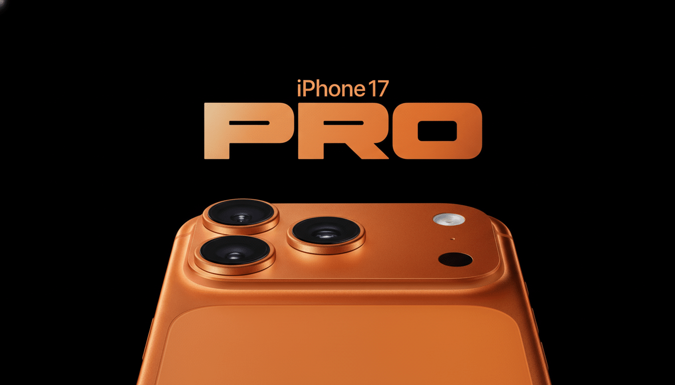 An orange iPhone 17 Pro with three camera lenses and a flash, set against a black background. The text iPhone 17 and PRO are in an orange gradient at