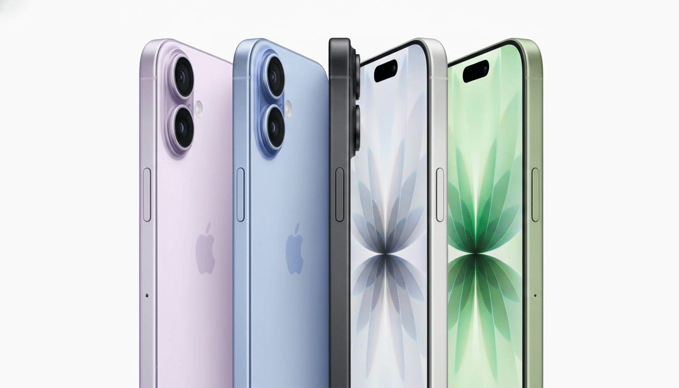 Four iPhones in different colors ( lav ender, blue, black, and green ) standing upright with their screens reflecting a soft, symmetrical pattern, pre