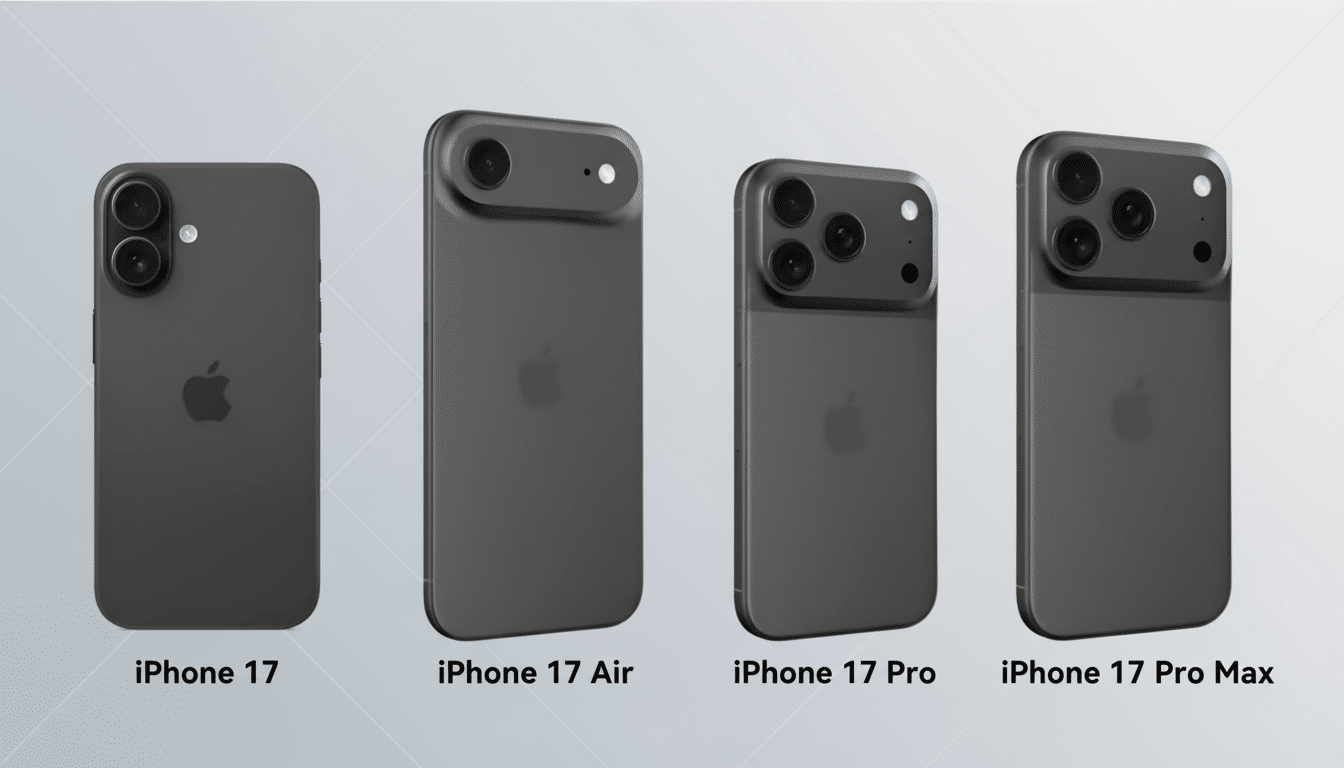 Four dark gray conceptual iPhone models ( iPhone 17, iPhone 1 7 Air, iPhone 17 Pro, iPhone 1 7 Pro Max) displayed on a gray gradient background.