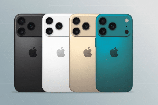 Four smartphone models in black, white, gold, and teal with a professional flat design background.