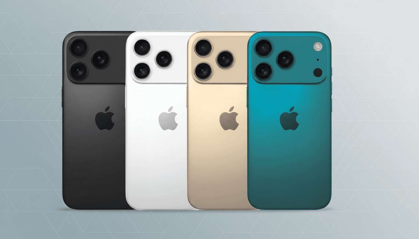 Four smartphone models in black, white, gold, and teal with a professional flat design background.
