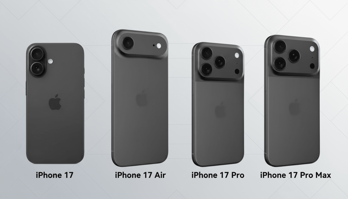 Four dark gray mock-up iPhone 17 models, including the iPhone 17, iPhone 17 Air, iPhone 17 Pro, and iPhone 1 7 Pro Max, displayed against a subtle gra