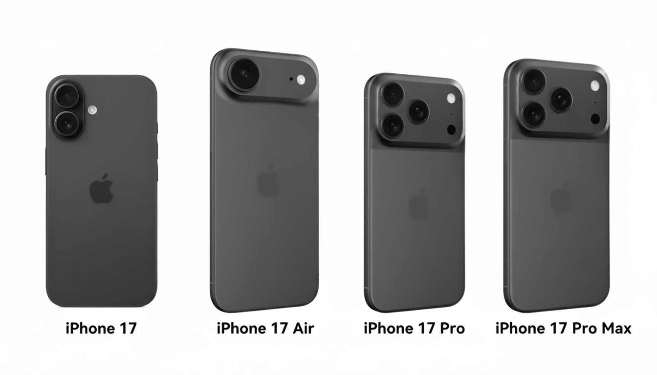 Four dark gray conceptual iPhone 17 models are arranged in a row against a light background, showcasing different camera designs for the iPhone 17, iP