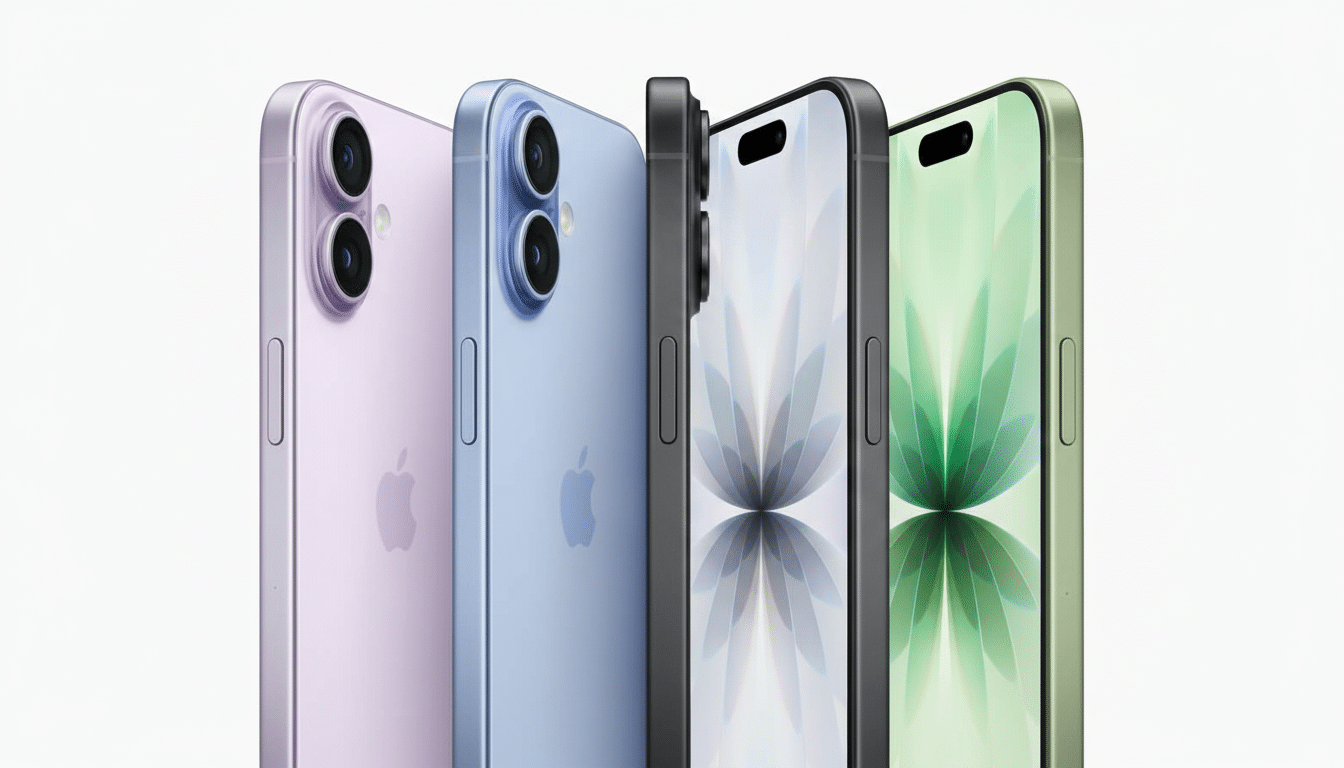 Four iPhone devices in different colors ( lav ender, blue, black, and green ) are displayed side-by- side against a clean white background.