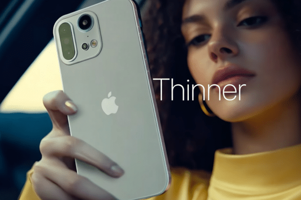A woman holding an iPhone with the word Th inner displayed on the screen.