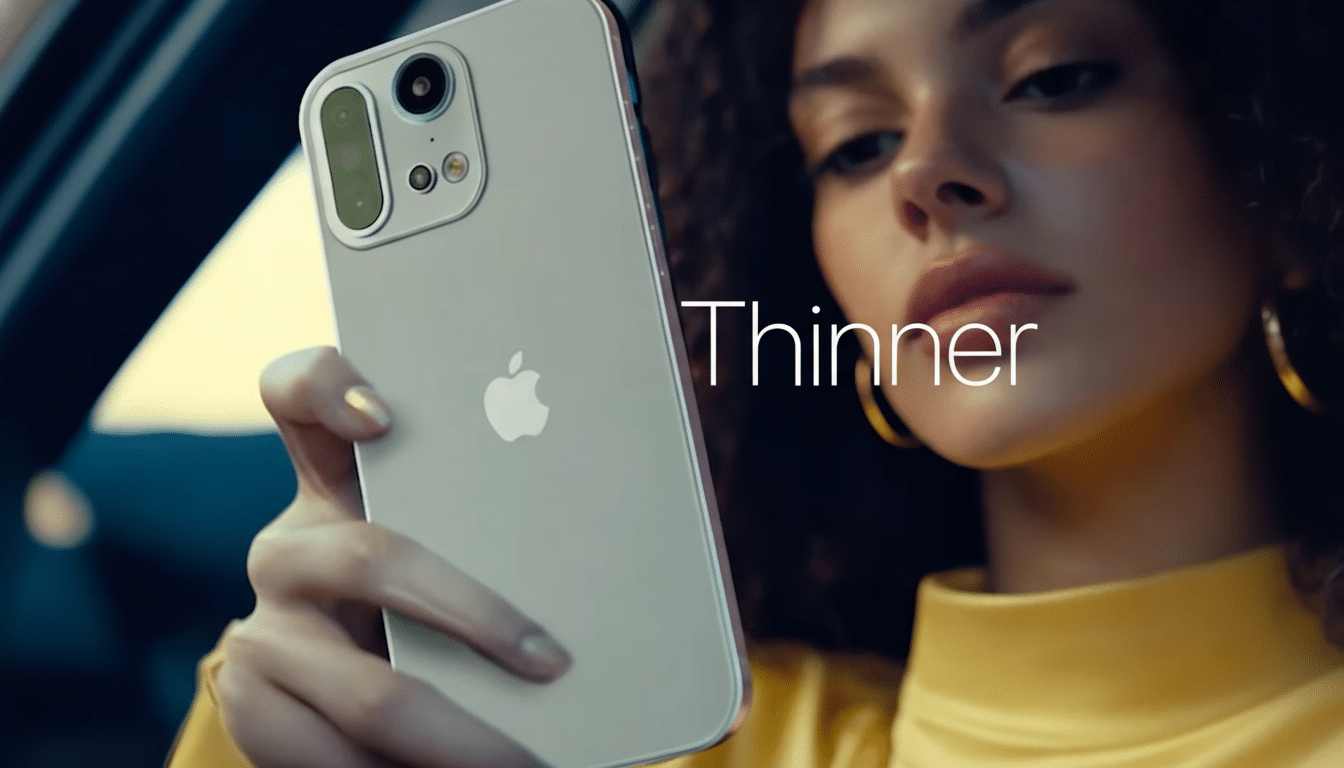 A woman holding an iPhone with the word Th inner displayed on the screen.