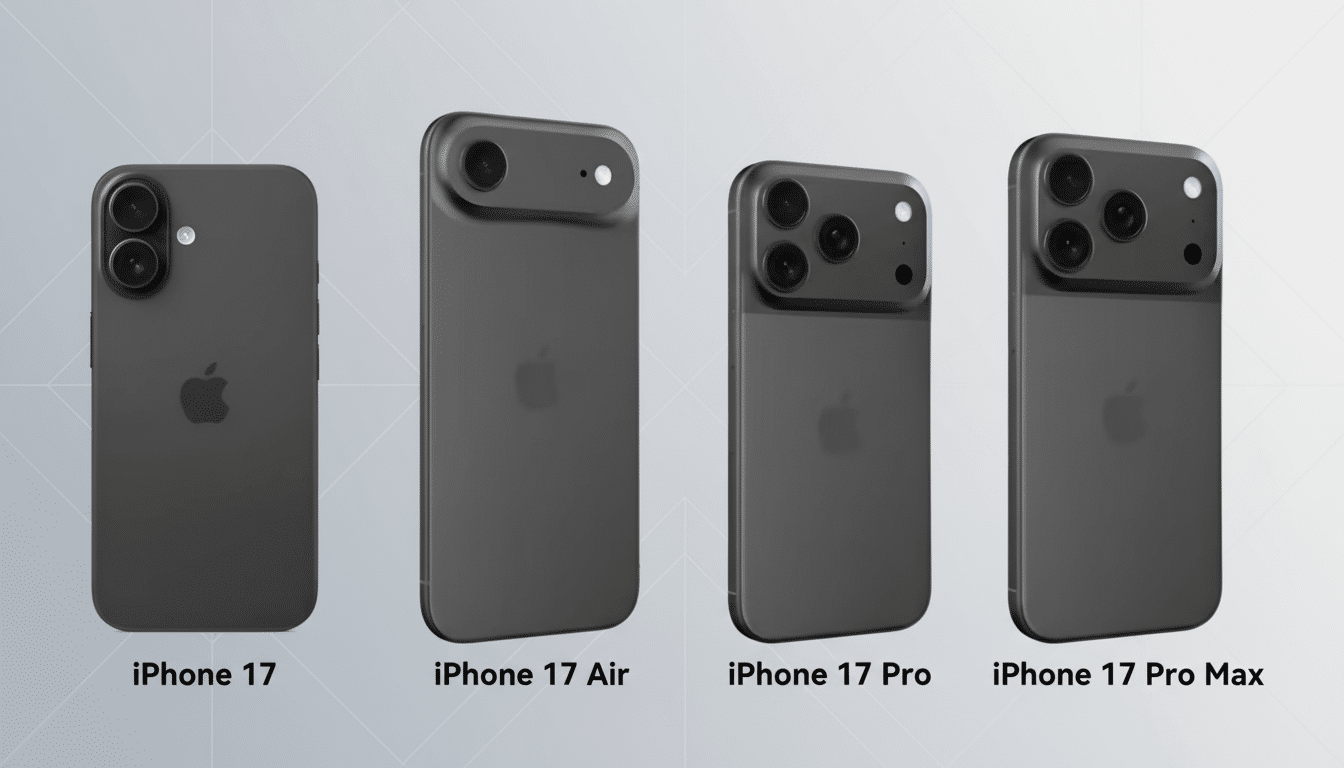 Four dark gray smartphones, labeled iPhone 17, iPhone 1 7 Air, iPhone 17 Pro, and iPhone 17 Pro Max, are displayed in a row against a gradient gray ba