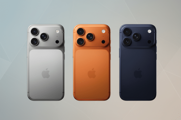 Three smartphones in silver, orange, and blue, with professional flat design background and soft patterns.