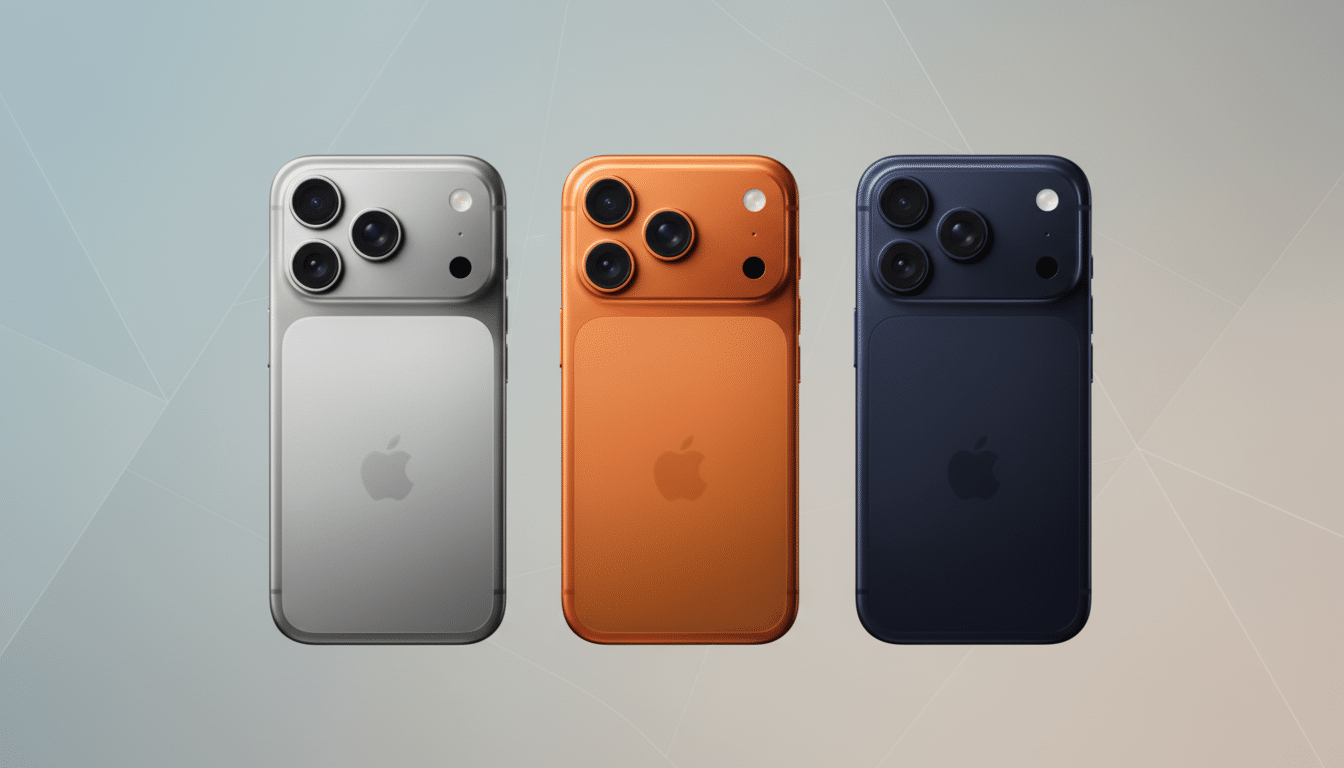 Three smartphones in silver, orange, and blue, with professional flat design background and soft patterns.