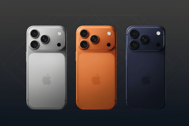 Three iPhone models in silver, orange, and blue with four camera lenses each, set against a dark grey background with a subtle geometric pattern.