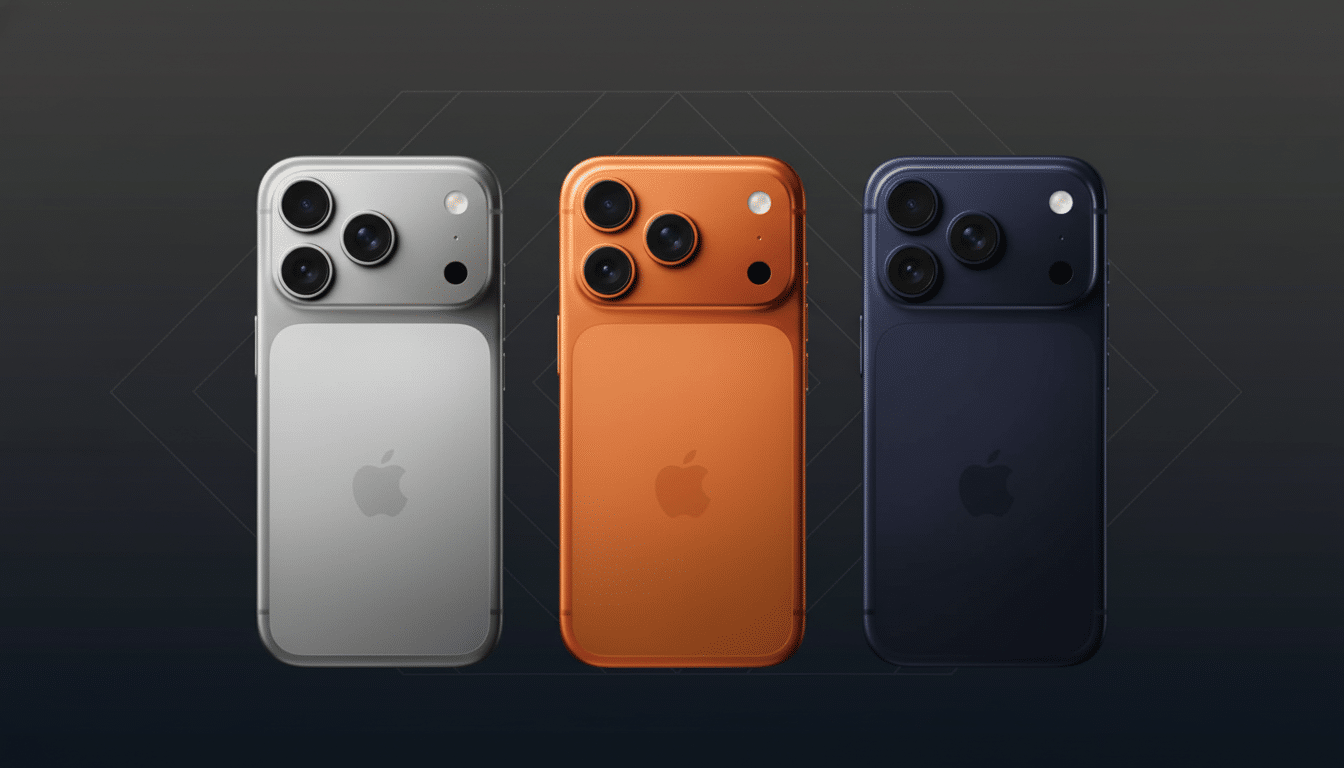 Three iPhone models in silver, orange, and blue with four camera lenses each, set against a dark grey background with a subtle geometric pattern.