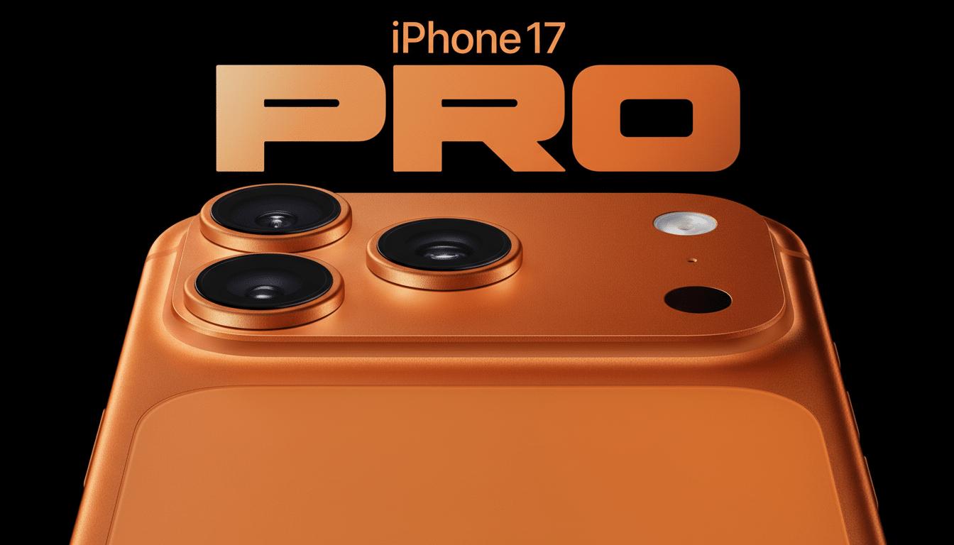 A professional close -up shot of an orange iPhone 1 7 Pro, showcasing its triple camera setup and the text iPhone 1 7 PRO at the top in orange.