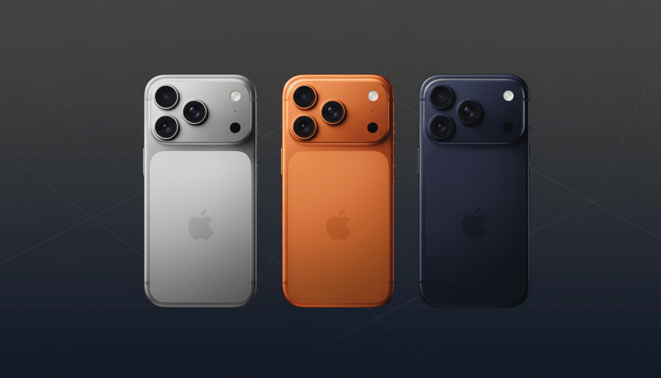 alt text: Three iPhone 15 models in silver, orange, and blue are displayed against a professional f