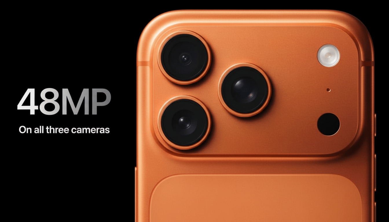 Close -up of an orange smartphone s triple camera setup, with text 48 MP On all three cameras against a black background.