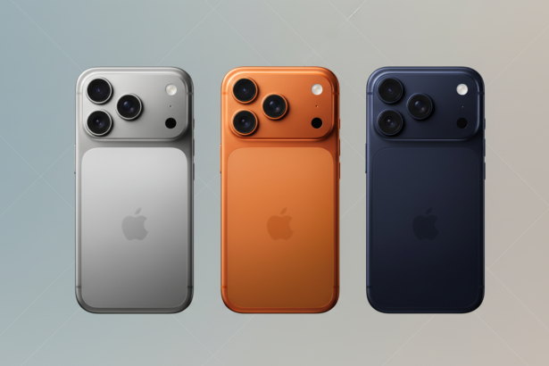 Three smartphones , silver , orange, and blue, are displayed on a professional flat background with soft patterns and gradients. Filename : three smartphones. png
