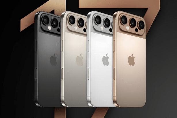 Four iPhone 17 models in various colors, including black, silver, white, and gold, are displayed in a row against a dark, minimalist background with a