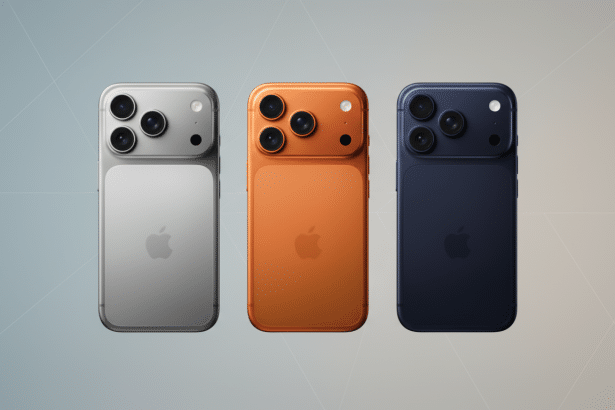 Three smartphones, silver, orange, and blue, are displayed on a professional flat background with soft patterns.