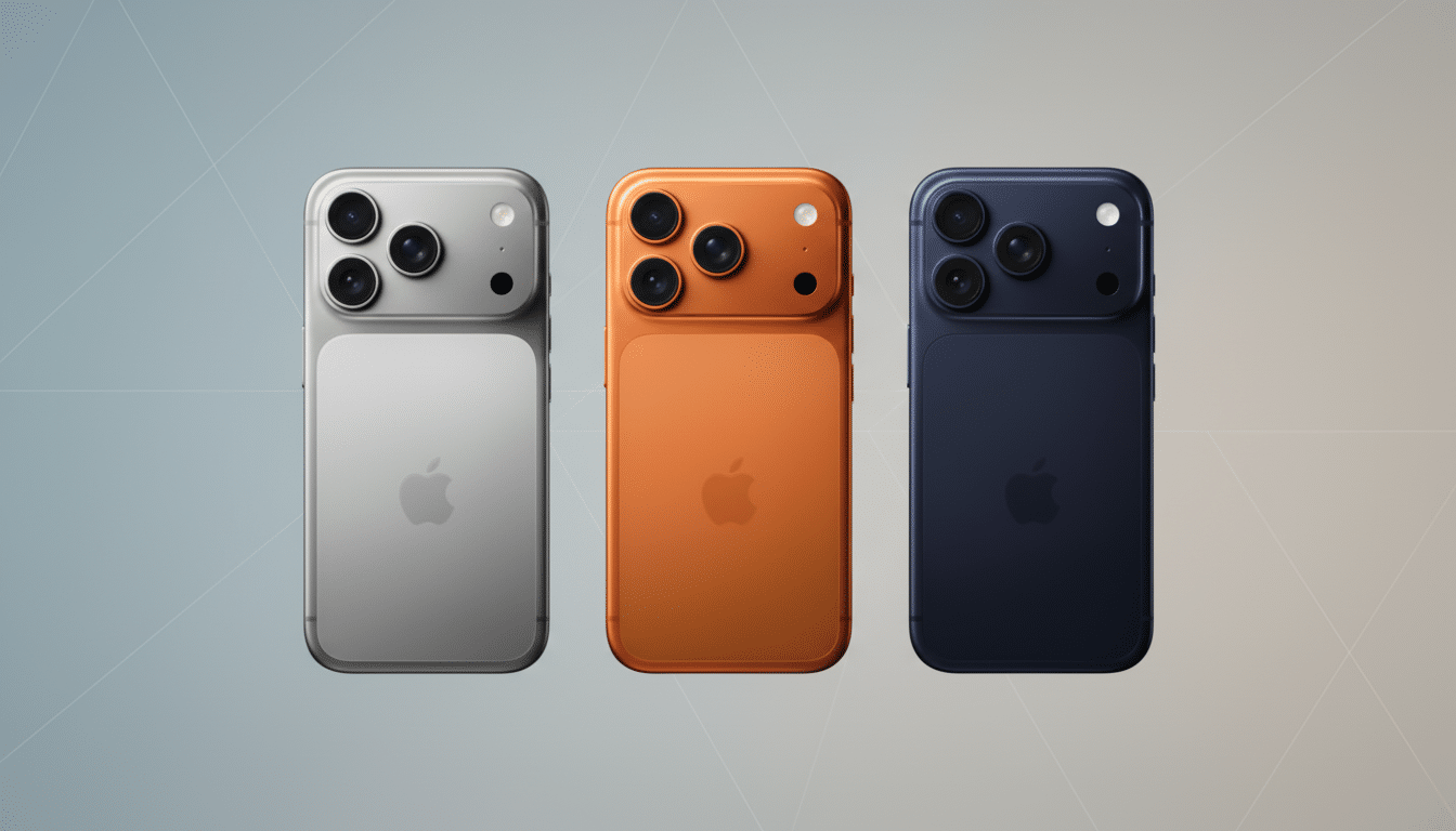 Three smartphones, silver, orange, and blue, are displayed on a professional flat background with soft patterns.
