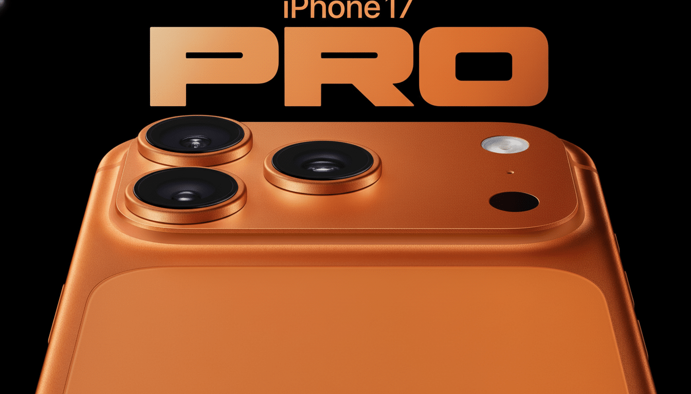 A close -up shot of the back of an orange iPhone 1 7 Pro, showcasing its triple camera system, flash, and other sensors. The phone is set against a bl