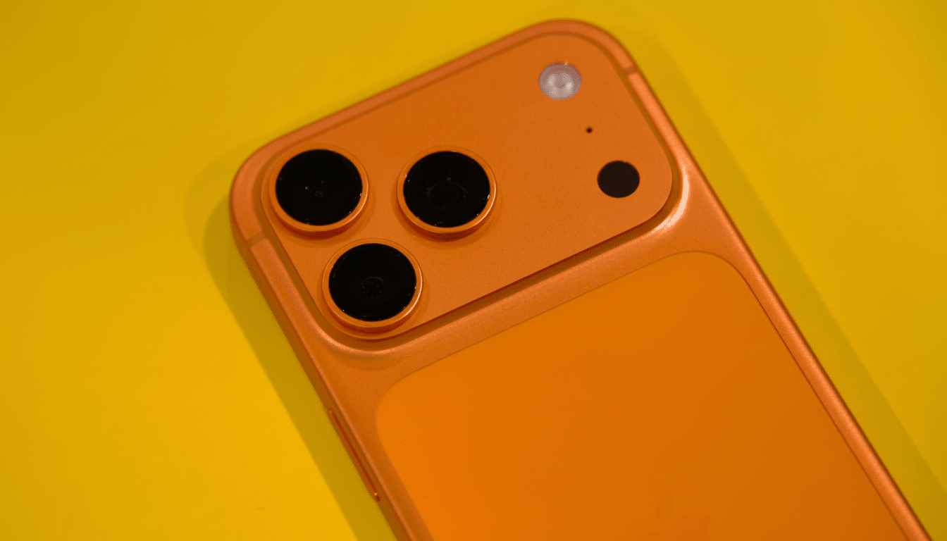A close -up shot of the back of an orange smartphone with three camera lenses, lying on a vibrant yellow surface.
