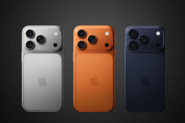Three smartphones in silver, orange, and blue with triple cameras and an Apple logo, presented against a professional flat dark background with a subt