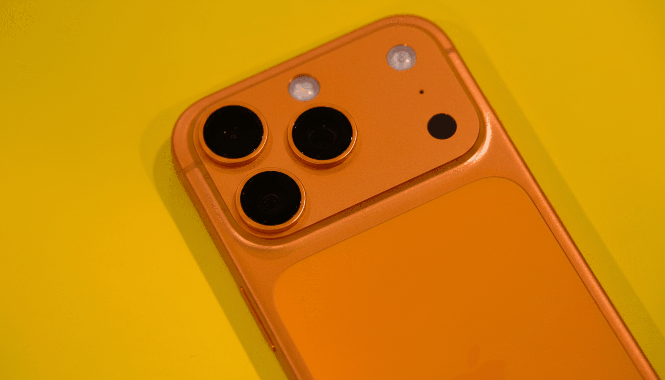 A close -up shot of the back of an orange smartphone with three camera lenses, a flash, and a sensor, resting on a bright yellow background .