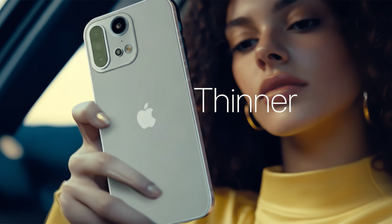 A woman in a yellow top holding an iPhone with a triple - camera system and the word Th inner superimposed on the image.