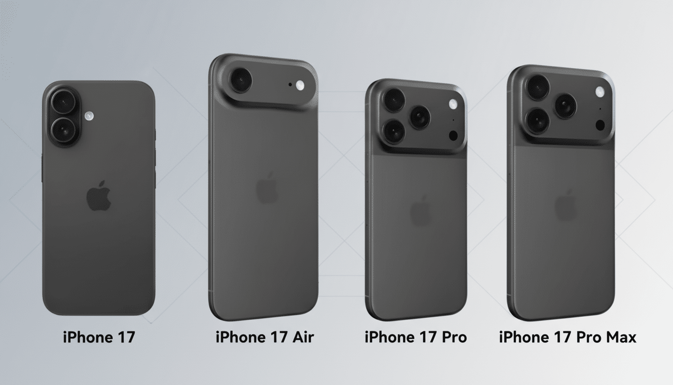 Four dark gray smartphones, labeled iPhone 1 7, iPhone 17 Air, iPhone 17 Pro, and iPhone 17 Pro Max, displayed side-by- side against a soft gray gradi