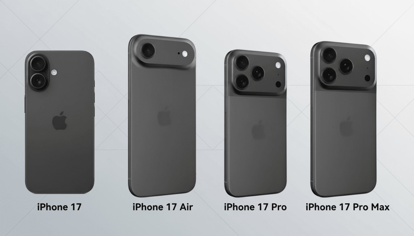 Four dark gray iPhones are shown from the back, each with a different camera configuration, labeled as iPhone 17, iPhone 1 7 Air, iPhone 17 Pro, and i