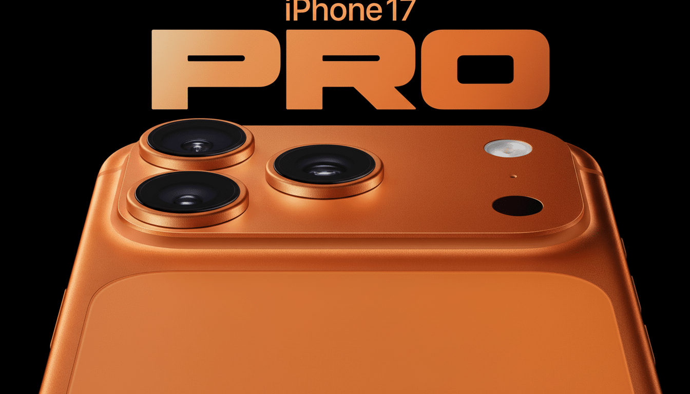 A close-up of an orange iPhone 1 7 Pro with three cameras, a flash, and a sensor on a black background, resized to a 16: 9 aspect ratio.