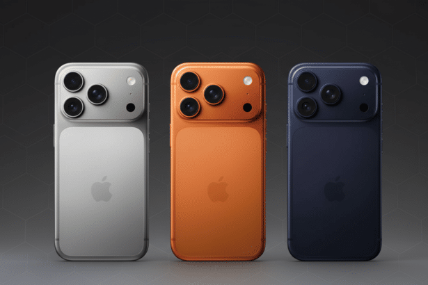 Three smartphones, silver, orange, and dark blue, with triple camera systems on the back, presented on a subtle geometric patterned background.